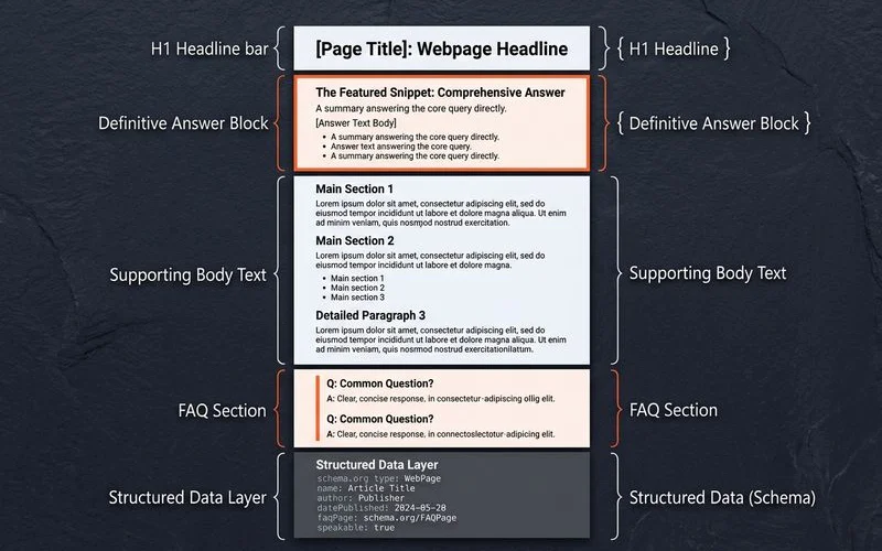 AEO-optimised webpage with definitive answer block and FAQ structure