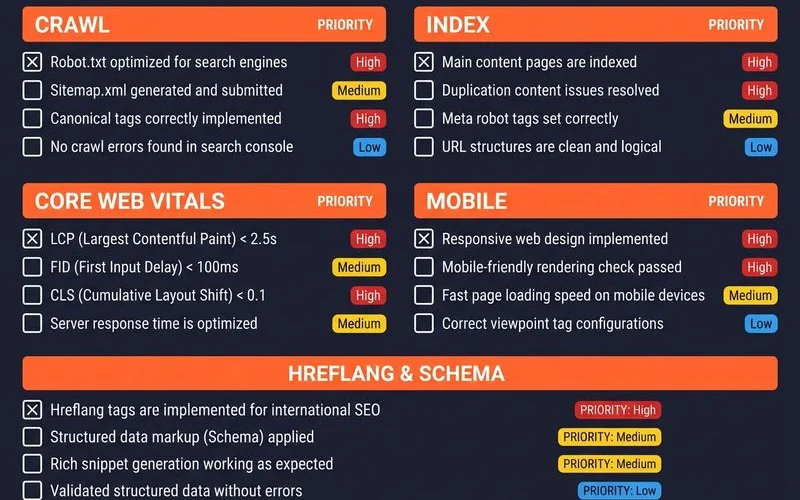 Audit checklist grouped by category with priority rankings