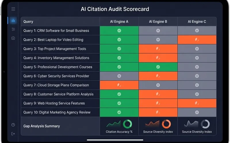 Audit scorecard showing citation presence across engines