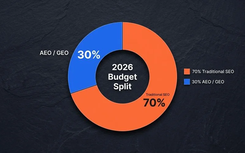 A pie chart showing the recommended 2026 budget split, with 70% allocated to traditional SEO and 30% to AEO/GEO.