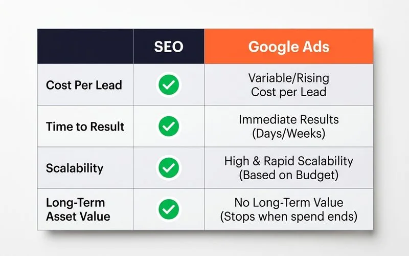 Comparison table: SEO vs Google Ads on cost-per-lead, time-to-result, scalability
