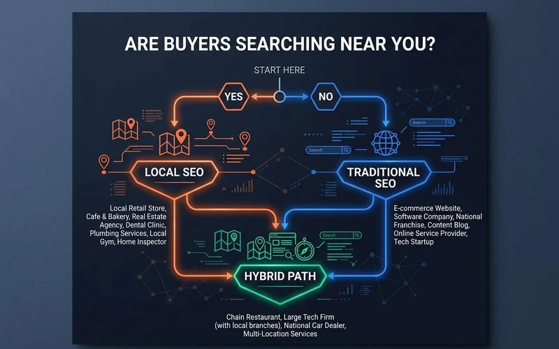 Decision flow infographic: local vs traditional vs hybrid SEO