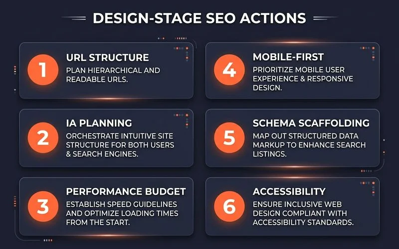 Design-stage SEO checklist with six priority actions