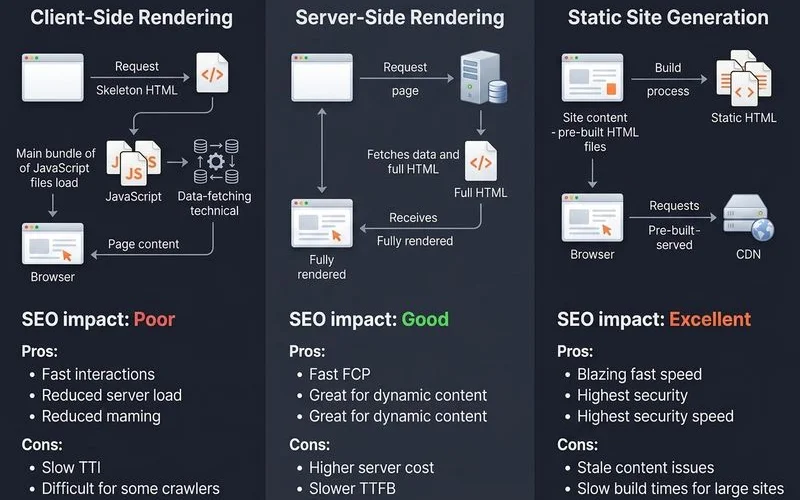 A diagram comparing CSR, SSR, and SSG rendering paths with their respective SEO pros and cons.