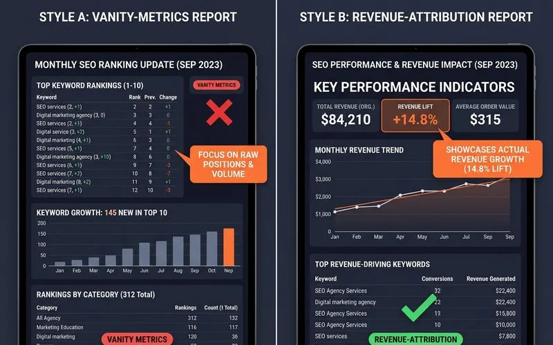 Example monthly SEO report comparing revenue-first reporting vs vanity metrics