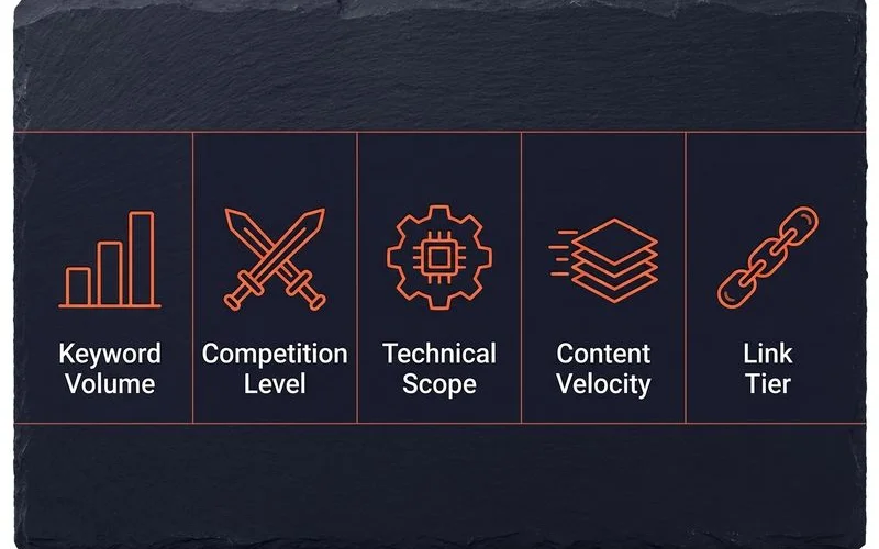Five cost-driver factors: keyword volume, competition, technical scope, content velocity, link tier