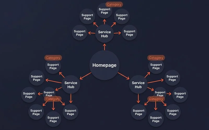 IA diagram: pillar-cluster model with internal linking flow