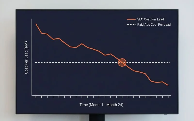 Cost-per-lead trajectory: SEO declining vs paid ads flat
