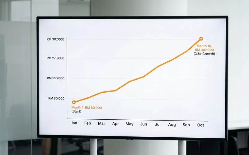 Monthly revenue chart: RM 80K to RM 307K across 10 months