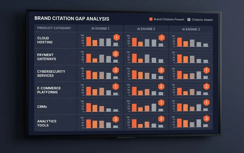 Live audit showing brand citation gaps across six category queries in three AI engines