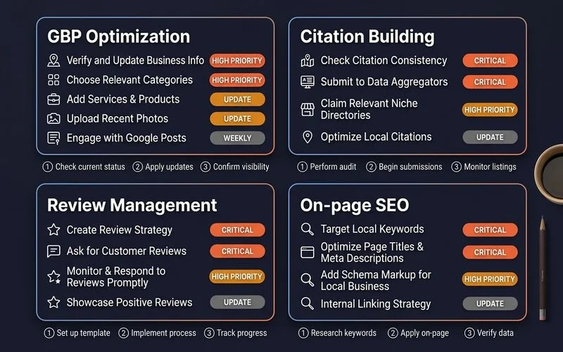 Local-pack ranking checklist annotated with priority actions