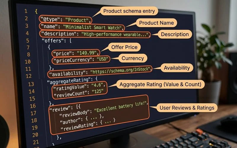 Product schema JSON-LD code snippet annotated