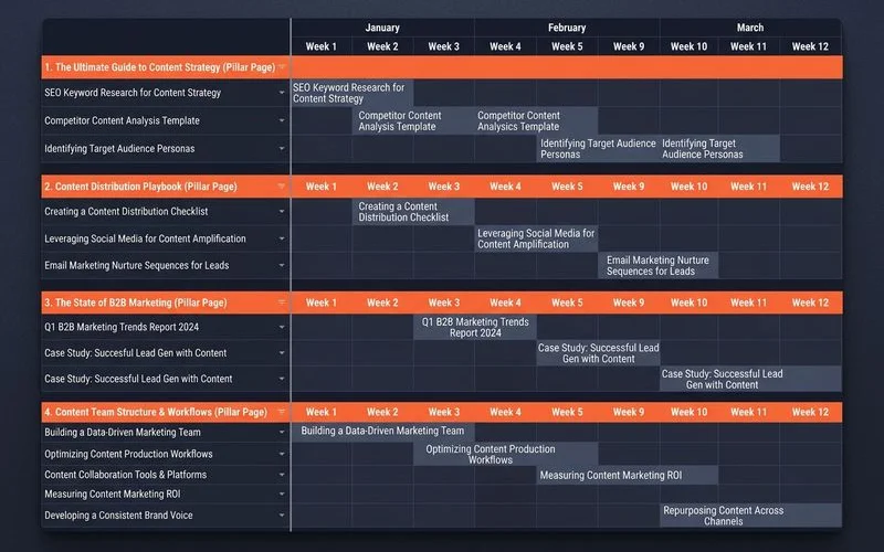 Q1 content calendar with pillar and supporting posts mapped across three months
