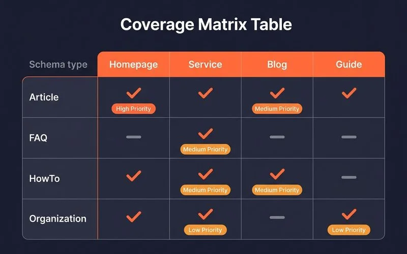 Schema type-coverage matrix across page templates
