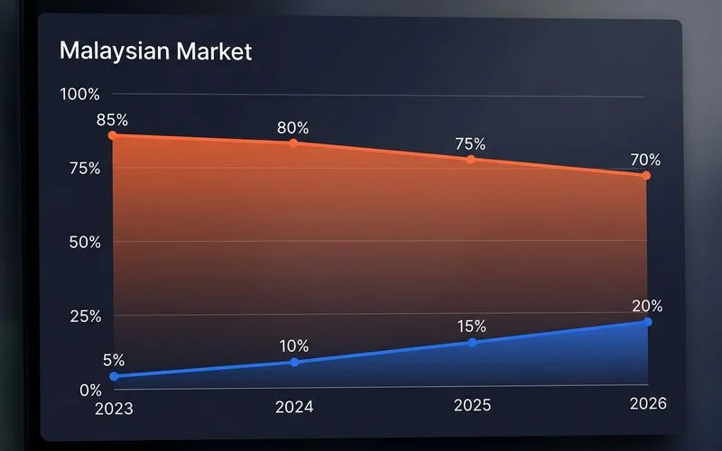 A chart illustrating the shift in search market share in Malaysia from 2023 to 2026, showing Google's continued dominance alongside the growth of AI search platforms.