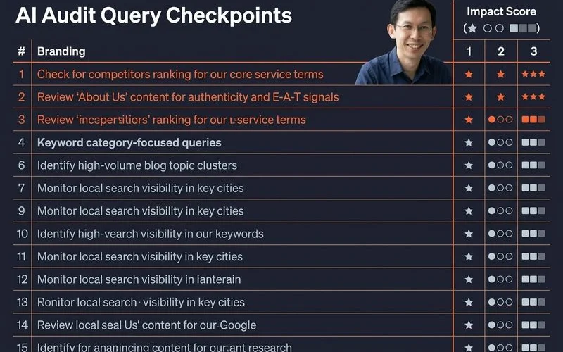 Self-audit checklist with 15 queries across four AI engines