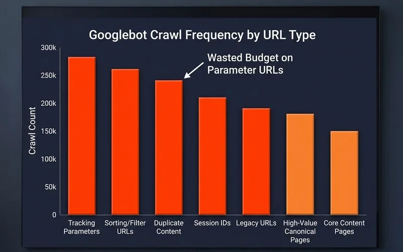 An image showing a graph of server log file analysis, plotting crawl frequency against page value and highlighting areas of wasted crawl budget.