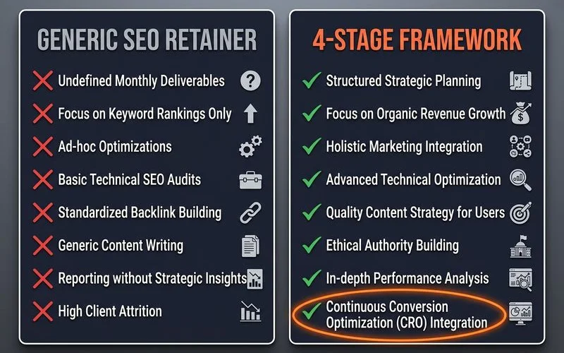 Generic SEO retainer vs the 4-Stage Framework with CRO layer highlighted