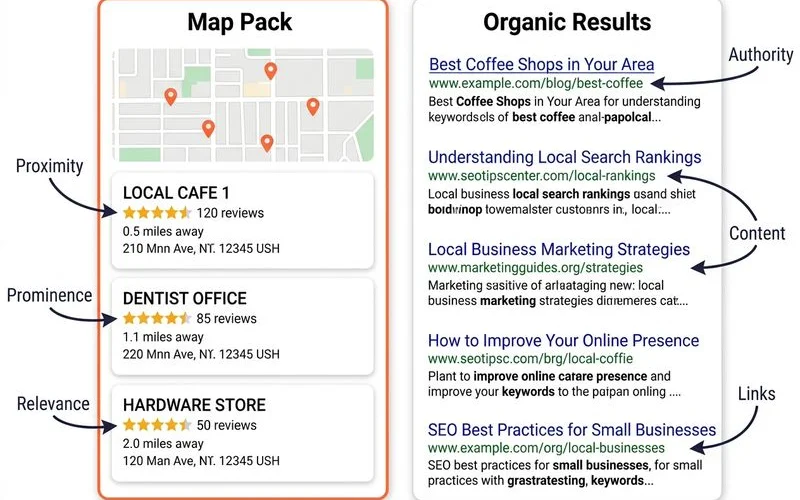 Side-by-side diagram of Google 3-pack vs blue-link results