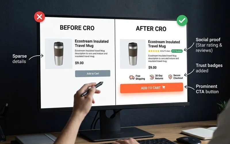 Product page before and after CRO optimisation with trust signals and review widget
