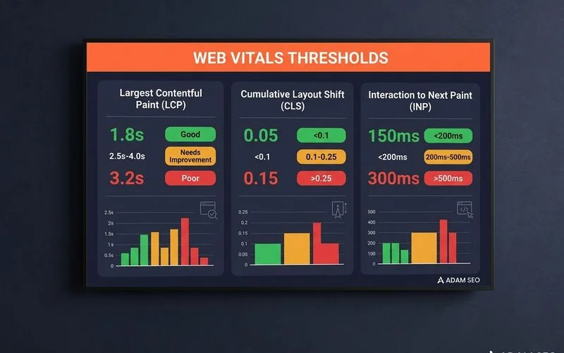 Three-metric threshold infographic: LCP, CLS, INP
