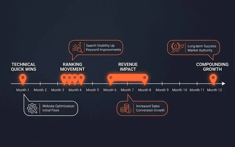 12-month SEO timeline graphic with milestones called out in brand colours