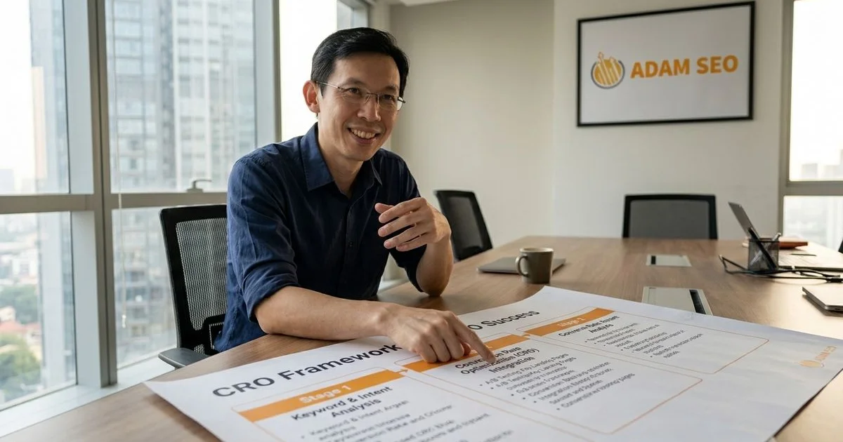 Adam Yong reviewing the 4-Stage 9-Step SEO Framework diagram with a client at Mont Kiara