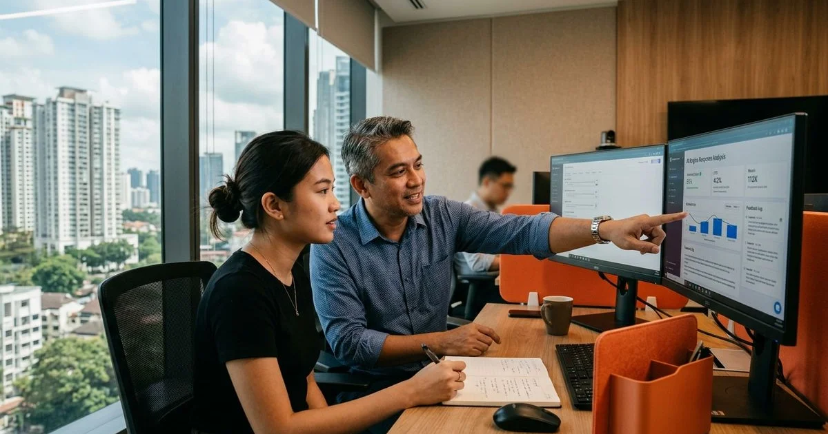 Adam Yong running a free AI-visibility audit clinic with a Malaysian SME marketing lead at Mont Kiara
