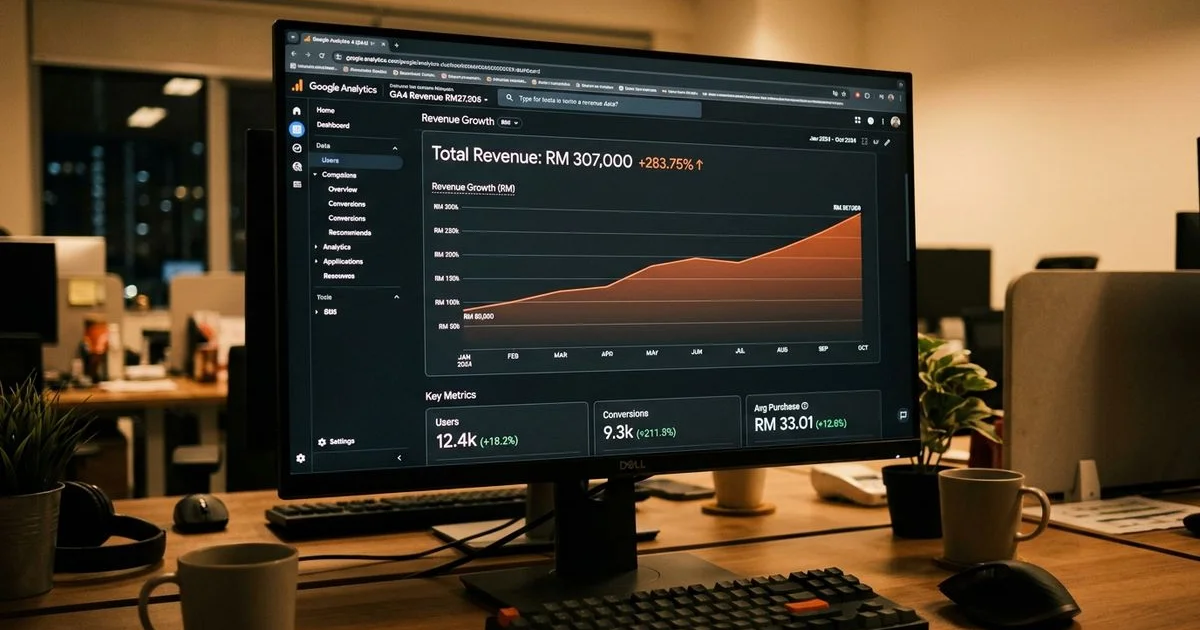 Analytics dashboard showing the 283% revenue growth from RM 80K to RM 307K monthly across the 10-month engagement