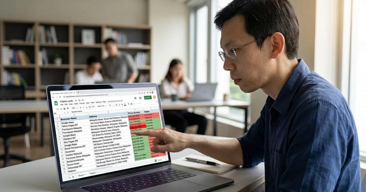 Citation audit spreadsheet with NAP inconsistencies flagged across Malaysian directories