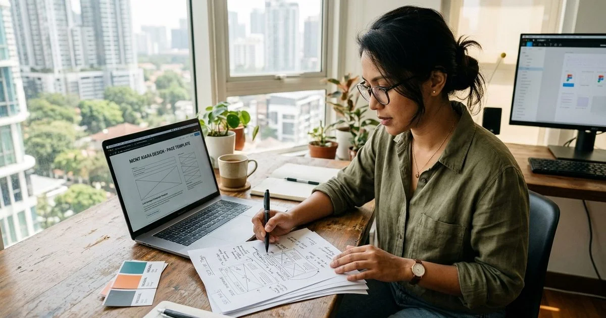Designer reviewing wireframes with SEO architecture notes alongside