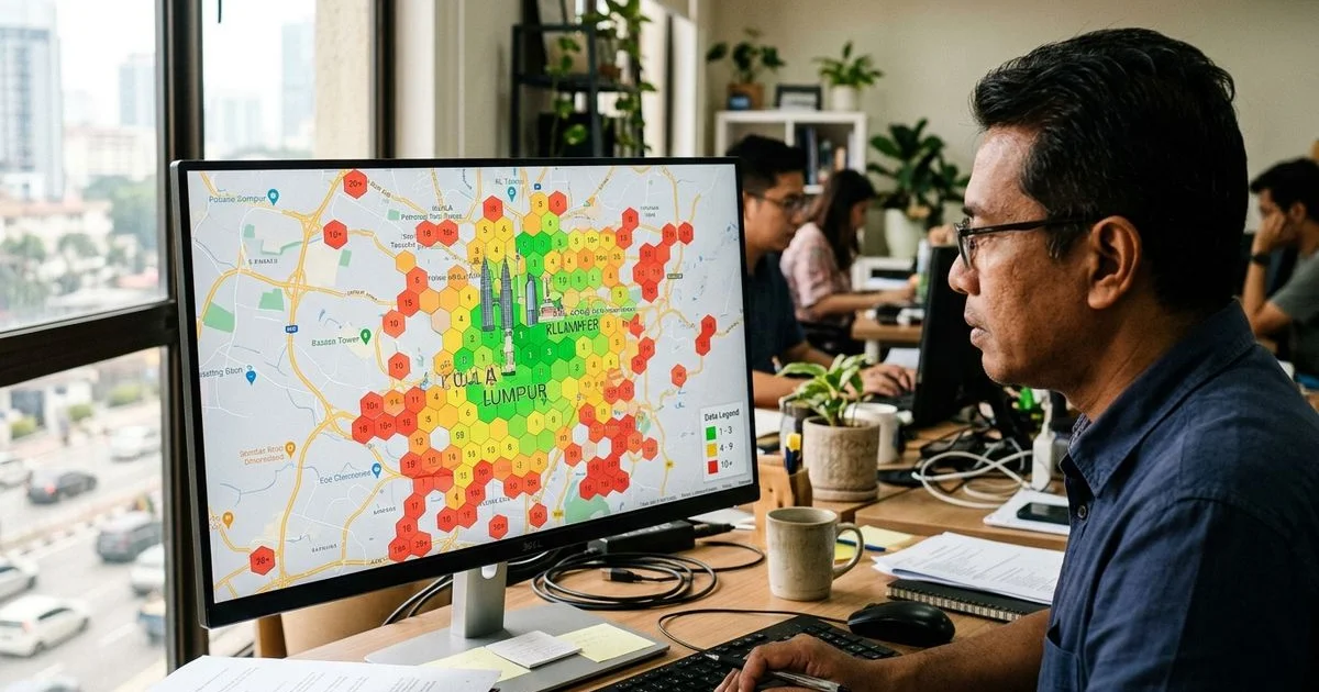 Geo-grid ranking heatmap showing Malaysian city coverage in 3-pack positions