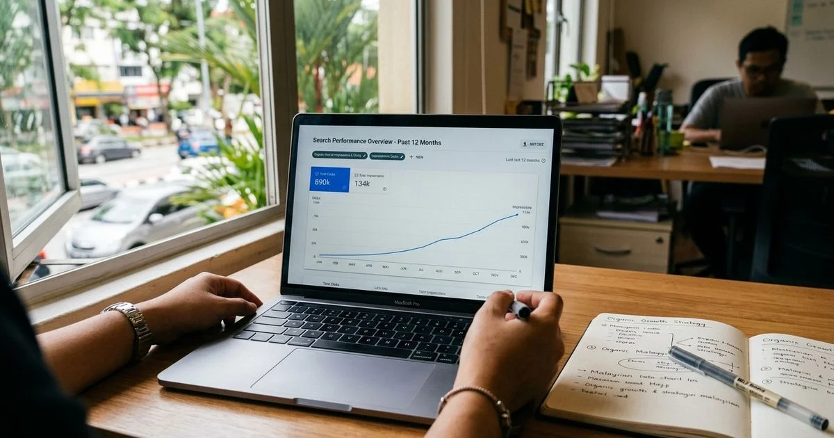 Google Search Console traffic chart showing 12 months of organic growth for a Malaysian SME