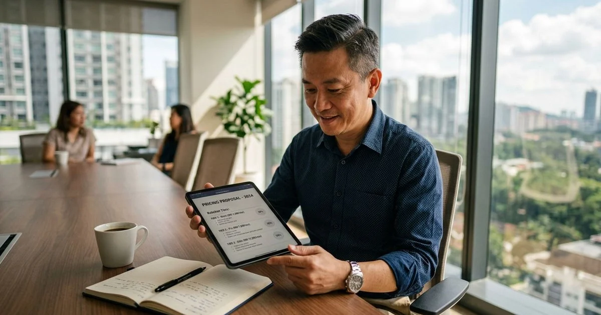 Malaysian SME owner reviewing an SEO retainer pricing proposal on a tablet