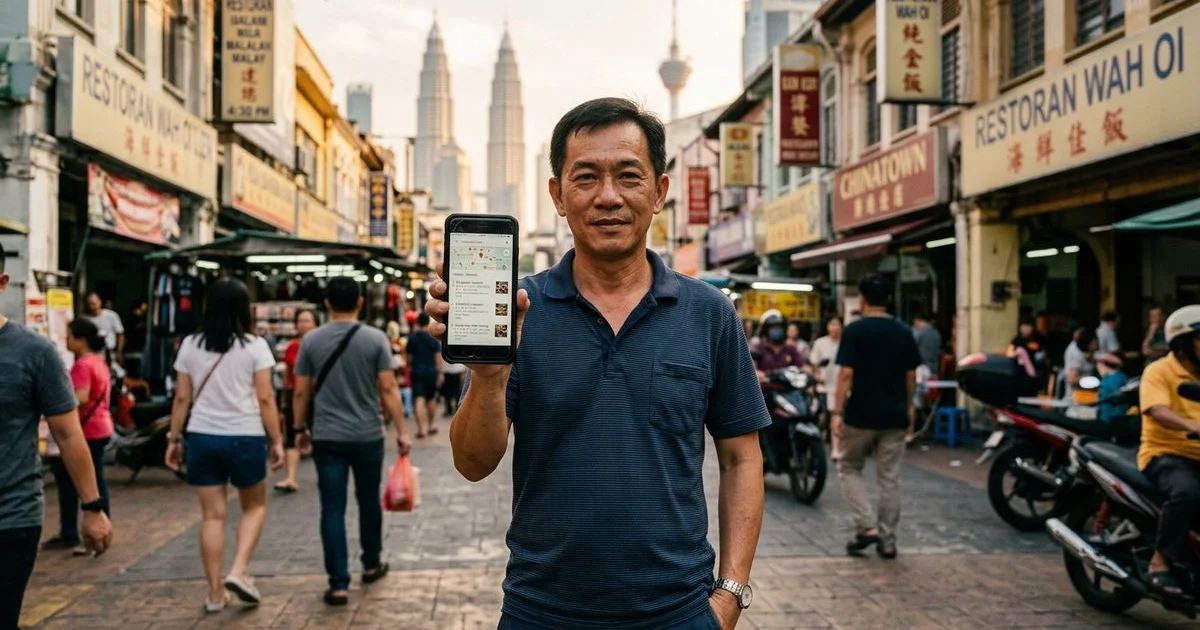 Malaysian SME owner viewing the Google Map Pack on phone with a KL street scene behind