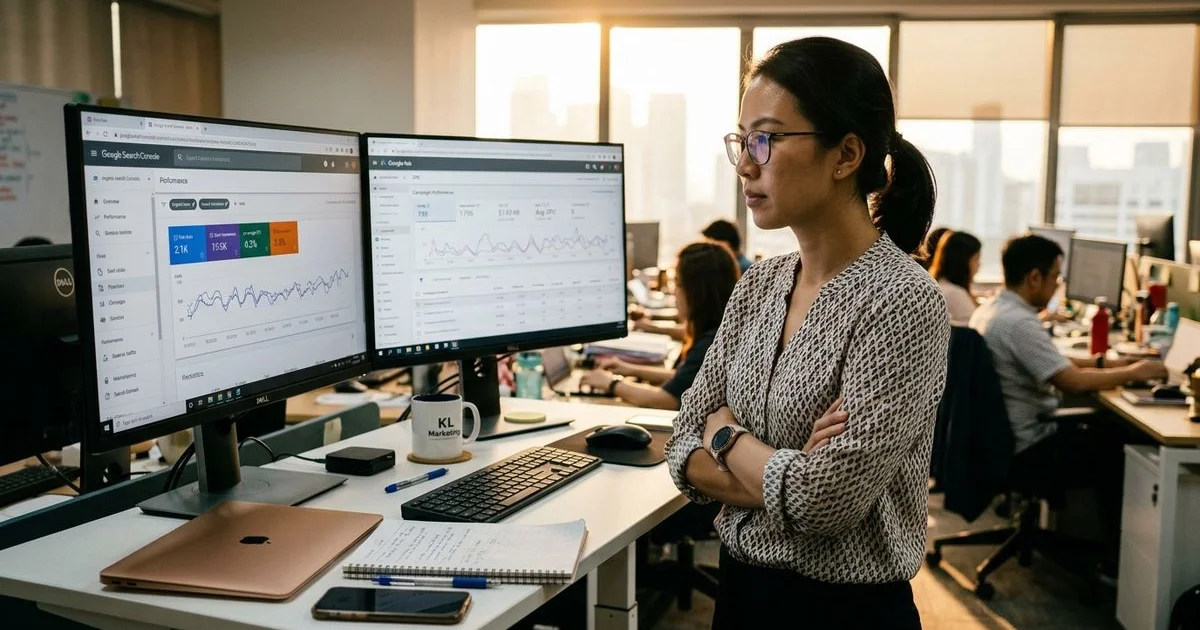 Marketer comparing SEO and Google Ads dashboards side by side