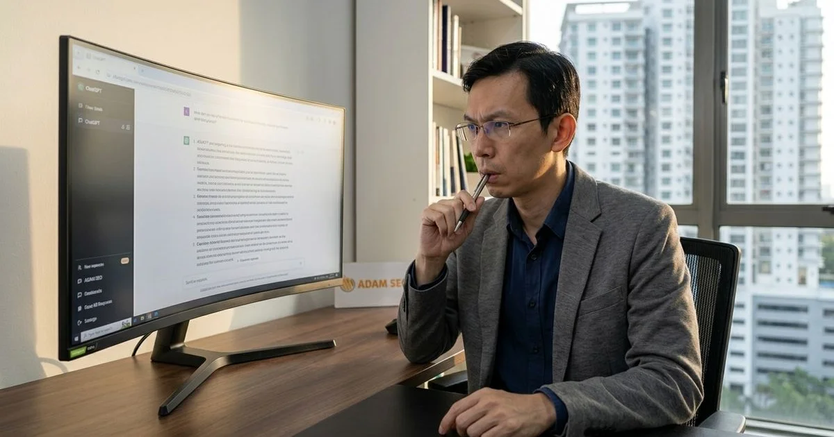 Marketer reviewing a ChatGPT citation with Adam SEO highlighted as a source