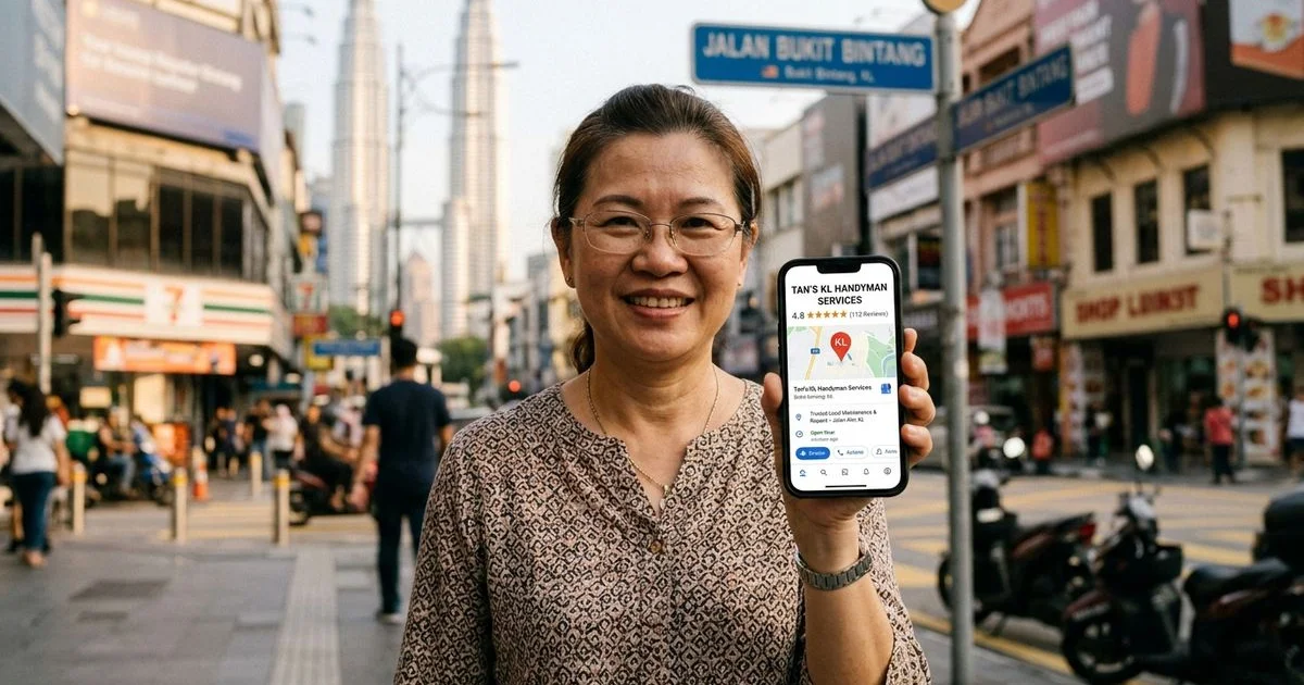 Optimised Google Business Profile on mobile with a Malaysian KL storefront behind