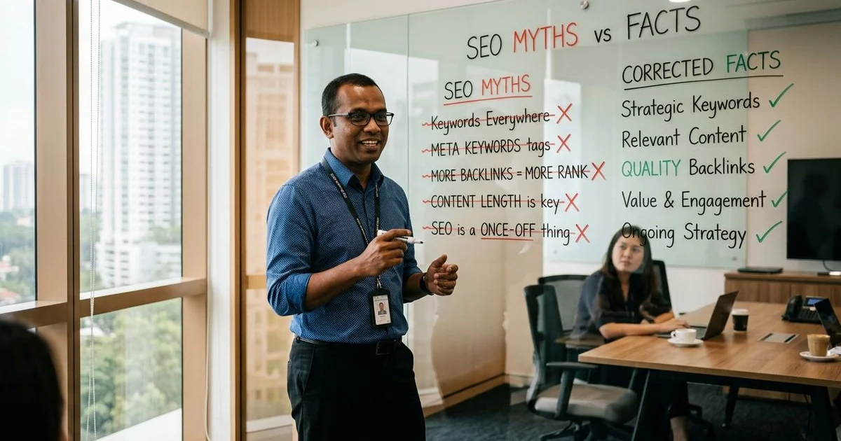 SEO consultant debunking a whiteboard list of common SEO myths
