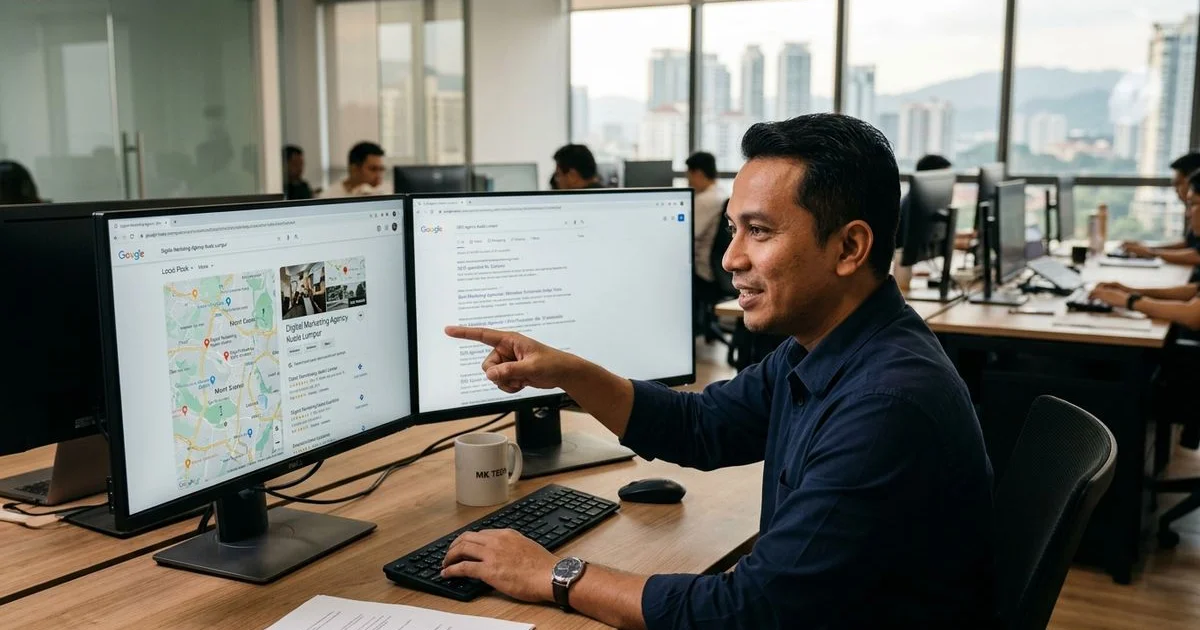 Strategist comparing local-pack results to traditional organic SERP on dual monitors