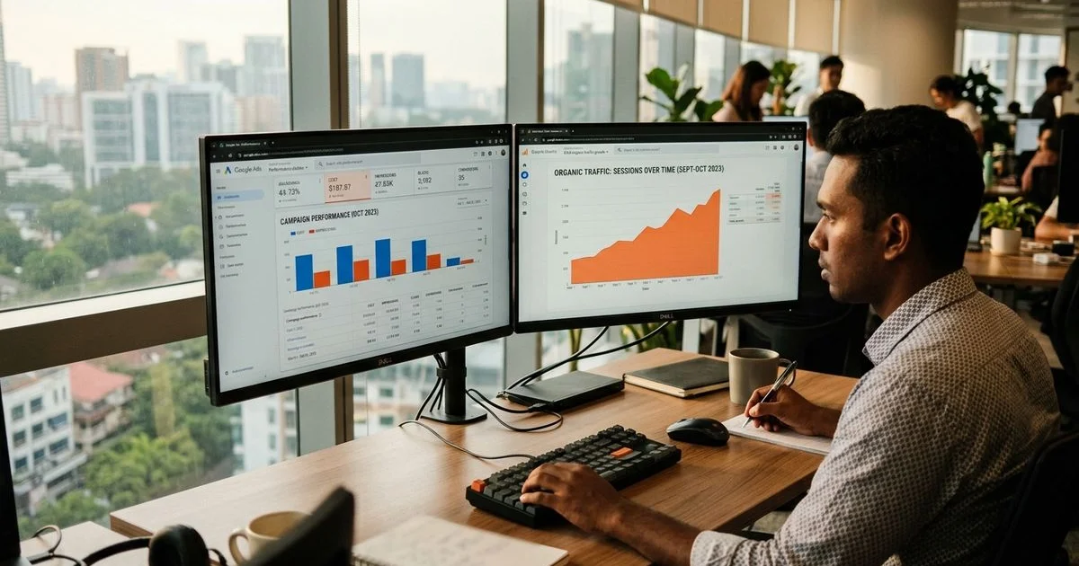 Two dashboards side by side: Shopping Ads vs organic SEO performance