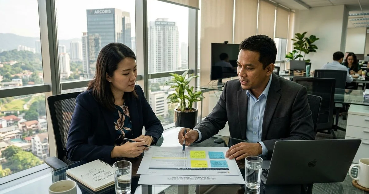 Two professionals reviewing an SEO agency proposal in a Mont Kiara meeting room