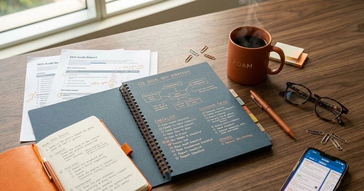 Year-end SEO planning checklist on desk with Q1 content calendar visible on laptop